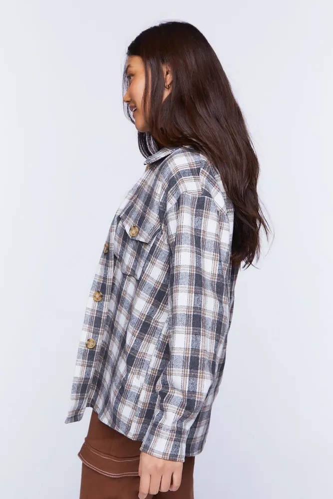 Women's Plaid Drop-Sleeve Shacket in Grey Small