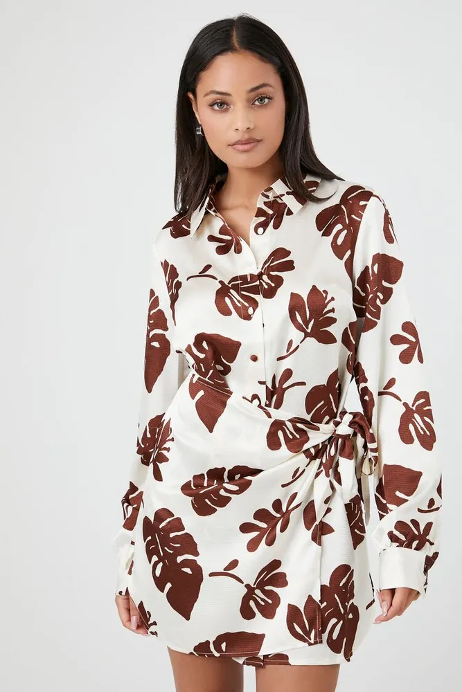 Women's Satin Tropical Print Mini Shirt Dress in Brown Small