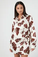 Women's Satin Tropical Print Mini Shirt Dress in Brown, XS