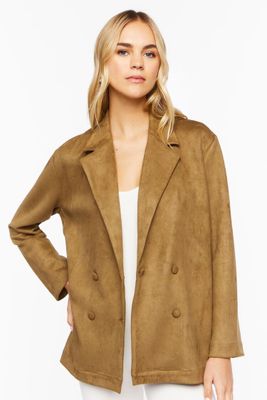 Women's Faux Suede Notched Blazer in Olive Large