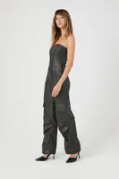 Women's Faux Leather Tube Cargo Jumpsuit in Charcoal, XS