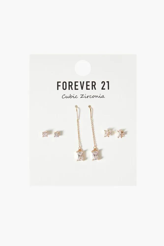 Women's CZ Stud & Drop Earring Set in Gold/Clear