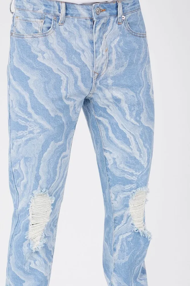 Men Distressed Marble Slim-Fit Jeans in Medium Denim, 33