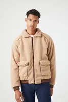 Men Faux Shearling Zip-Up Jacket in Khaki Small