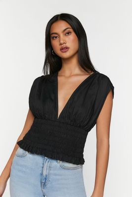 Women's Plunging Smocked Top in Black Medium