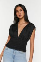 Women's Plunging Smocked Top in Black, XS