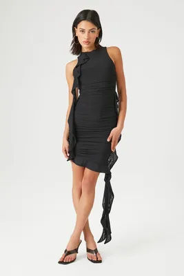 Women's Ruched Sash Mini Bodycon Dress in Black Medium