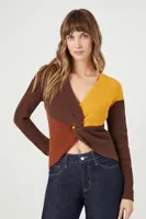 Women's Twisted Colorblock Cropped Sweater in Brown Large