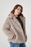 Women's Notched Faux Fur Coat in Taupe, 4X