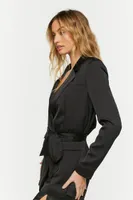 Women's Satin Belted Double-Breasted Blazer in Black Small