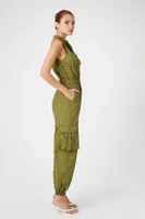 Women's Sleeveless Cargo Jumpsuit in Olivine , XS