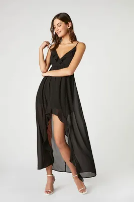 Women's Chiffon Ruffle High-Low Dress in Black, XS