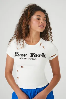 Women's New York Graphic Distressed T-Shirt in White Medium
