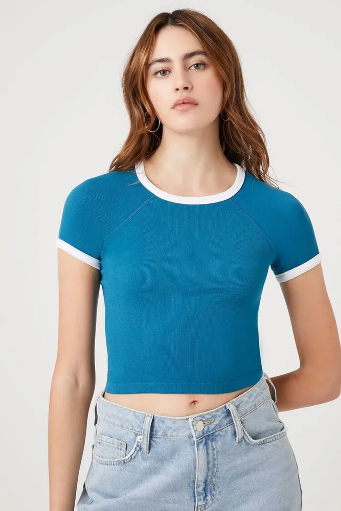 Women's Seamless Ringer Cropped T-Shirt in Bijou Blue/White Small