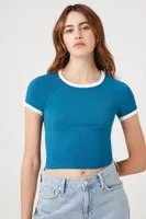 Women's Seamless Ringer Cropped T-Shirt in Bijou Blue/White Small