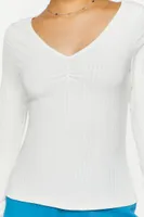 Women's Shirred Long-Sleeve V-Neck Top in White Large