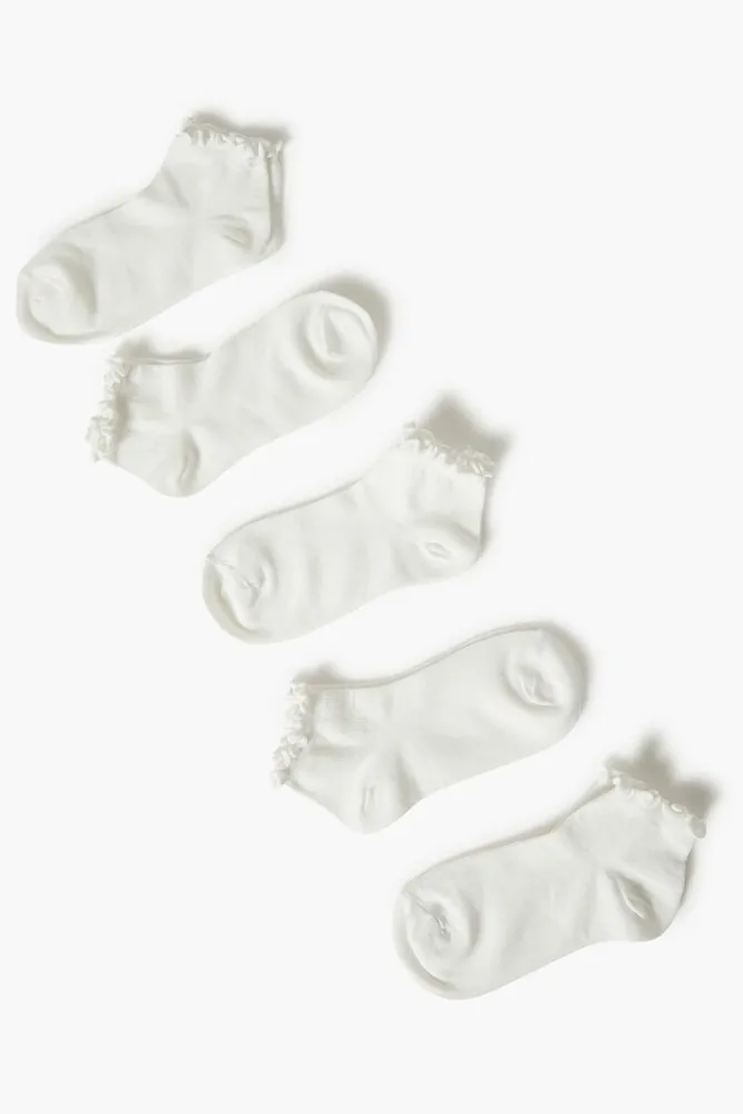 Lettuce-Edge Ankle Socks Set - 5 pack in White/White