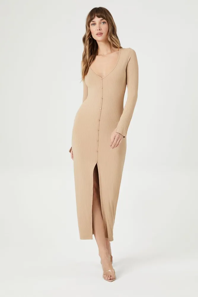 Women's Button-Front Midi Sweater Dress Tan