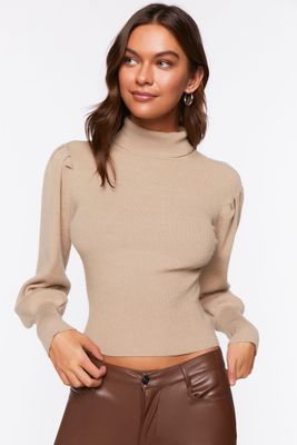 Women's Long-Sleeve Turtleneck Sweater in Taupe Large