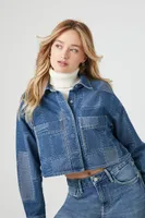 Women's Cropped Patchwork Denim Jacket in Medium Denim