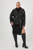 Women's Faux Leather Belted Trench Coat in Black, 3X