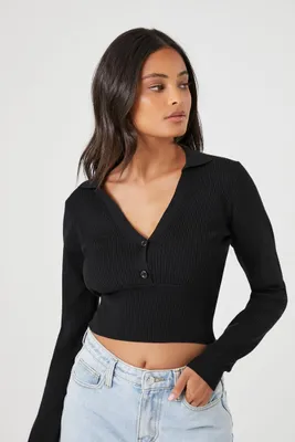 Women's Sweater-Knit Crop Top in Black, XL