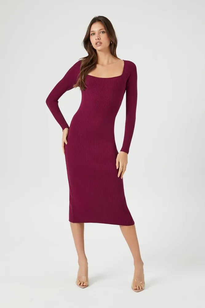 Women's Square-Neck Midi Sweater Dress in Plum Small