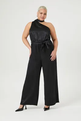 Women's Satin One-Shoulder Jumpsuit in Black, 2X