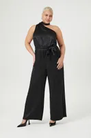 Women's Satin One-Shoulder Jumpsuit in Black, 2X