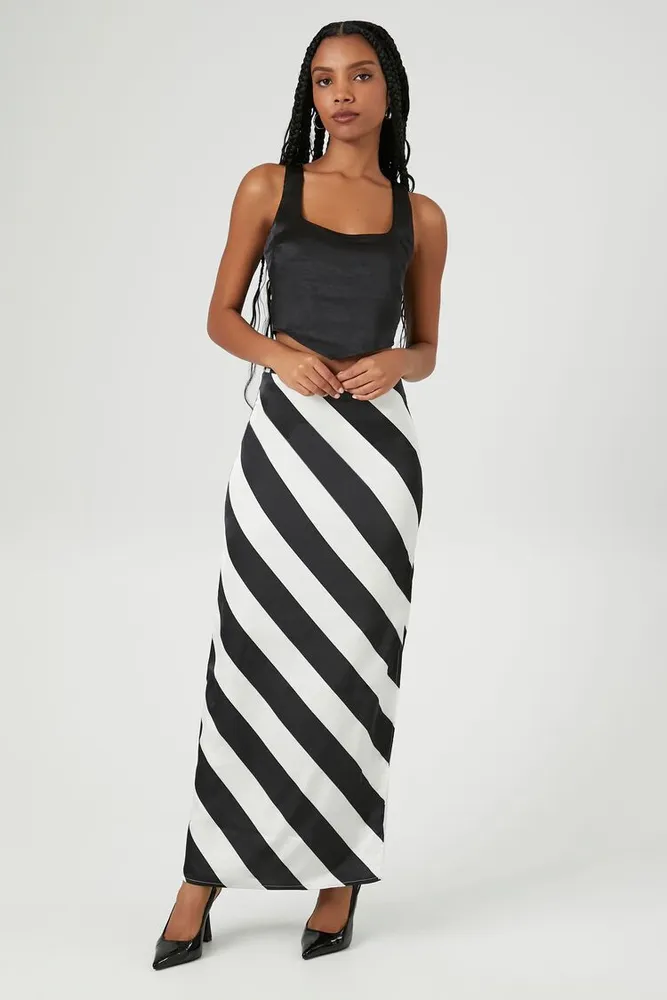 Women's Satin Striped Maxi Skirt in Black, XS