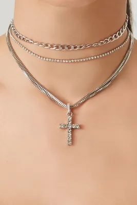 Women's Layered Cross Choker Necklace in Clear/Silver