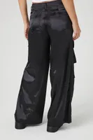 Women's Satin Wide-Leg Cargo Pants in Black Medium