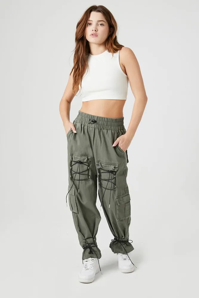 Forever 21 Women's Lace-Up Toggle Joggers in Olive/Black, XL