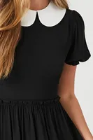 Women's Collar Puff-Sleeve Mini Dress in Black Small