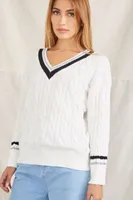 Women's Striped-Trim Cable Knit Sweater Cream/Black