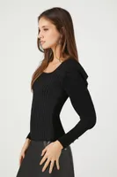 Women's Ribbed Gigot-Sleeve Sweater in Black Large