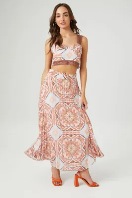 Women's Ornate Print Crop Top & Skirt Set in Rust Small