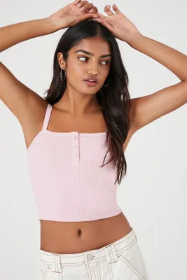 Women's Ribbed Half-Button Cropped Cami in Pink, XL