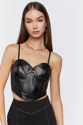 Women's Faux Leather Cutout Bustier Top in Black Medium