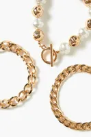 Women's Faux Pearl & Curb Chain Bracelet Set in Gold/Cream