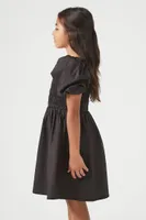 Girls Poplin Puff-Sleeve Dress (Kids) in Black, 5/6