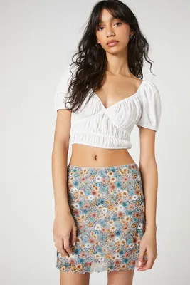 Women's Floral Print Lettuce-Edge Mini Skirt in Blue Large