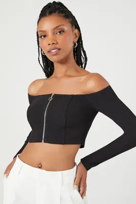 Women's Ribbed Off-the-Shoulder Crop Top in Black Medium