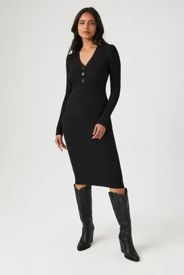 Women's Button-Front Midi Sweater Dress in Black Large