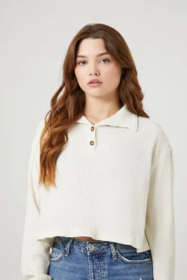 Women's Cropped Thermal Henley Top in Cream Small