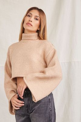 Women's Cropped Turtleneck Sweater in Taupe Medium