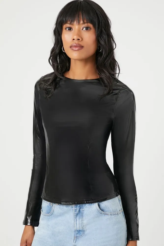 Women's Faux Leather Long-Sleeve Top in Black Small