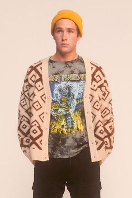 Men Geo Print Cardigan Sweater in Brown Large