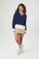 Women's Collared Combo Sweater in Blue/White Small