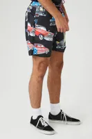 Men American Car Print Swim Trunks in Black Large